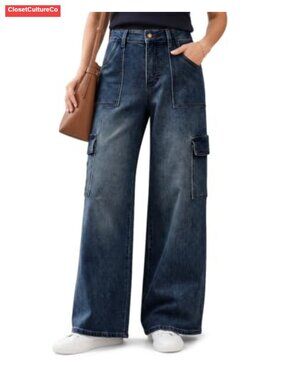 High Waisted Wide Leg Stretch Cargo Jeans Straight Leg Denim Pants